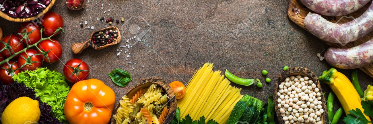 Healthy Food Background. Meat Beans Cheese Pasta And Vegetables... Stock  Photo, Picture And Royalty Free Image. Image 94371753.